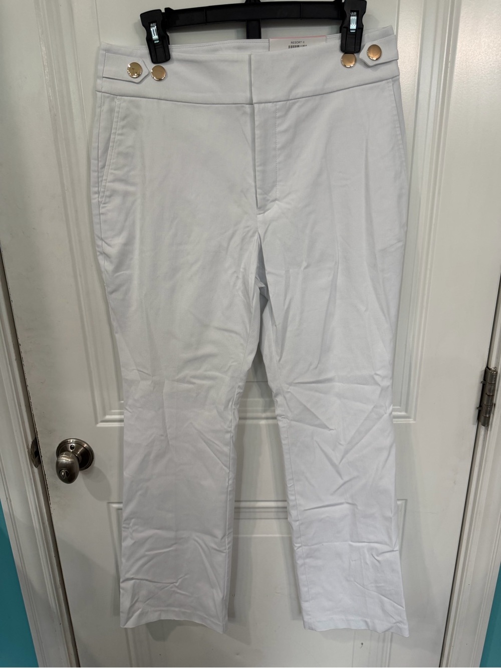 White Women's Stretch Ankle Pants with Gold Button Detail